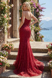 Sparkly Burgundy Strapless Mermaid Long Prom Dress with Slit
