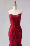 Sparkly Burgundy Strapless Mermaid Long Prom Dress with Slit