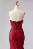 Sparkly Burgundy Strapless Mermaid Long Prom Dress with Slit