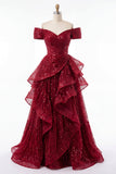 Sparkly Burgundy Off the Shoulder Princess Sequin Long Prom Dress with Ruffles
