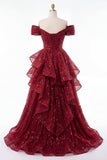 Sparkly Burgundy Off the Shoulder Princess Sequin Long Prom Dress with Ruffles