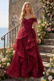 Sparkly Burgundy Off the Shoulder Princess Sequin Long Prom Dress with Ruffles