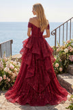 Sparkly Burgundy Off the Shoulder Princess Sequin Long Prom Dress with Ruffles