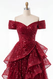 Sparkly Burgundy Off the Shoulder Princess Sequin Long Prom Dress with Ruffles