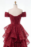 Sparkly Burgundy Off the Shoulder Princess Sequin Long Prom Dress with Ruffles