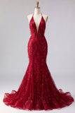 Sparkly Burgundy Halter Backless Mermaid Sequin Long Prom Dress with Fringes