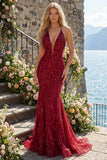 Sparkly Burgundy Halter Backless Mermaid Sequin Long Prom Dress with Fringes