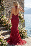 Sparkly Burgundy Halter Backless Mermaid Sequin Long Prom Dress with Fringes