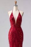 Sparkly Burgundy Halter Backless Mermaid Sequin Long Prom Dress with Fringes