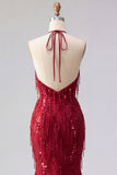 Sparkly Burgundy Halter Backless Mermaid Sequin Long Prom Dress with Fringes