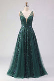Sparkly Dark Green A Line V-Neck Tulle Long Sequin Prom Dress