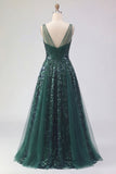 Sparkly Dark Green A Line V-Neck Tulle Long Sequin Prom Dress