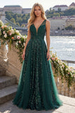 Sparkly Dark Green A Line V-Neck Tulle Long Sequin Prom Dress
