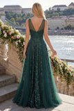Sparkly Dark Green A Line V-Neck Tulle Long Sequin Prom Dress