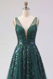 Sparkly Dark Green A Line V-Neck Tulle Long Sequin Prom Dress
