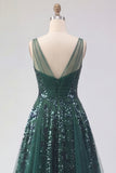 Sparkly Dark Green A Line V-Neck Tulle Long Sequin Prom Dress