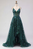 Sparkly Dark Green Sheer Corset A Line Long Prom Dress with Sequins
