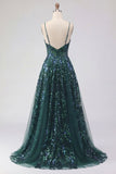 Sparkly Dark Green Sheer Corset A Line Long Prom Dress with Sequins