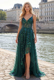 Sparkly Dark Green Sheer Corset A Line Long Prom Dress with Sequins