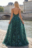 Sparkly Dark Green Sheer Corset A Line Long Prom Dress with Sequins