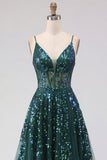 Sparkly Dark Green Sheer Corset A Line Long Prom Dress with Sequins