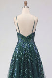Sparkly Dark Green Sheer Corset A Line Long Prom Dress with Sequins