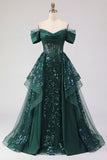 Sparkly Dark Green Sequin A-Line Off the Shoulder Corset Ruched Long Prom Dress