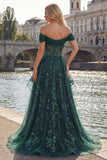 Sparkly Dark Green Sequin A-Line Off the Shoulder Corset Ruched Long Prom Dress