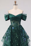 Sparkly Dark Green Sequin A-Line Off the Shoulder Corset Ruched Long Prom Dress