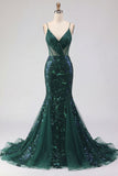 Sparkly Dark Green Mermaid Spaghetti Strap Sequin Long Prom Dress