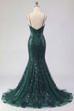 Sparkly Dark Green Mermaid Spaghetti Strap Sequin Long Prom Dress