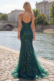 Sparkly Dark Green Mermaid Spaghetti Strap Sequin Long Prom Dress