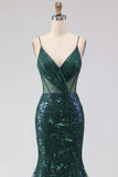 Sparkly Dark Green Mermaid Spaghetti Strap Sequin Long Prom Dress