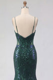 Sparkly Dark Green Mermaid Spaghetti Strap Sequin Long Prom Dress