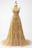 Sparkly Golden Halter A-Line Beaded Open Back Long Prom Dress with Beading