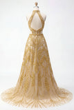 Sparkly Golden Halter A-Line Beaded Open Back Long Prom Dress with Beading