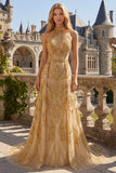 Sparkly Golden Halter A-Line Beaded Open Back Long Prom Dress with Beading