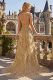 Sparkly Golden Halter A-Line Beaded Open Back Long Prom Dress with Beading