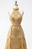 Sparkly Golden Halter A-Line Beaded Open Back Long Prom Dress with Beading