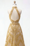 Sparkly Golden Halter A-Line Beaded Open Back Long Prom Dress with Beading