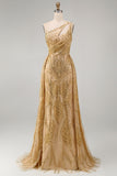 Sparkly Golden One Shoulder Mermaid Beaded Long Prom Dress