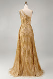 Sparkly Golden One Shoulder Mermaid Beaded Long Prom Dress