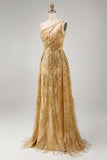 Sparkly Golden One Shoulder Mermaid Beaded Long Prom Dress