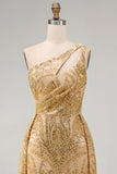 Sparkly Golden One Shoulder Mermaid Beaded Long Prom Dress