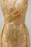 Sparkly Golden One Shoulder Mermaid Beaded Long Prom Dress