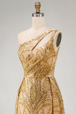 Sparkly Golden One Shoulder Mermaid Beaded Long Prom Dress
