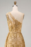 Sparkly Golden One Shoulder Mermaid Beaded Long Prom Dress