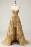Sparkly Golden Sweetheart Corset Bodycon Beaded Short Prom Dress with Ruffles