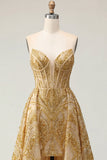 Sparkly Golden Sweetheart Corset Bodycon Beaded Short Prom Dress with Ruffles