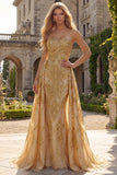 Sparkly Gold Strapless Beaded Long Mermaid Prom Dress with Side Drape